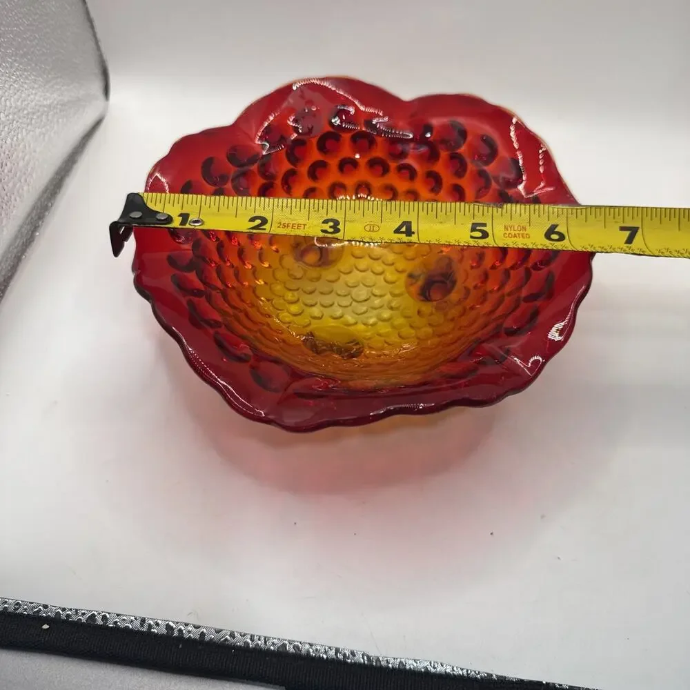 Vintage Fenton Art Glass AMBERINA Hobnail Footed Dish Bowl 6.5” in Red Orange *
